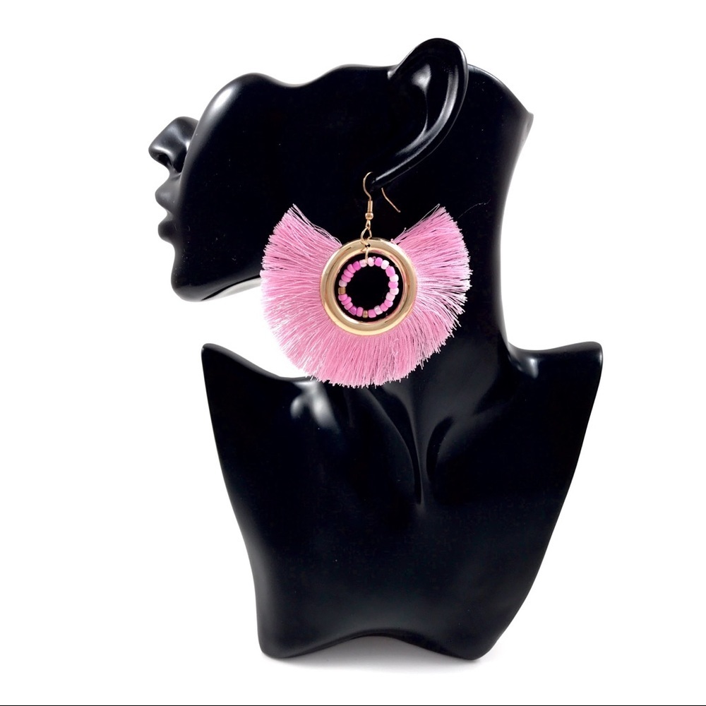 Large gold hoop baby pink tassel circle earrings
